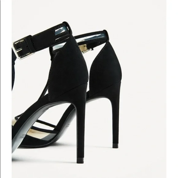 ZARA PLEXI BLACK SUEDE CLEAR VINYL ANKLE STRAPPY STILETTO HEELS POINTED TOE 8 - Picture 7 of 9